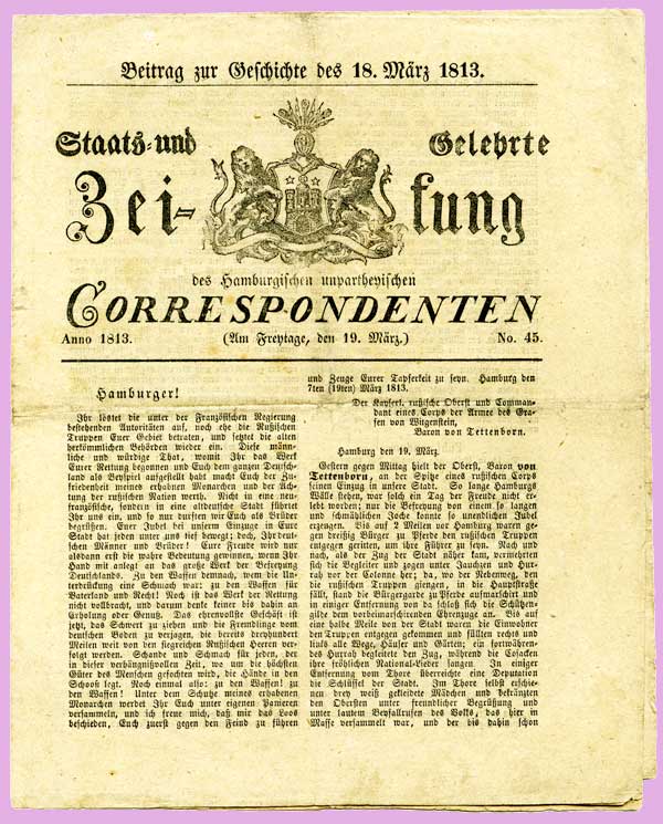 Staats- und Gelehrte Zeitung des Hamburgischen unpartheyischen Correspondenten, No. 45 vom Freytage, 19.März 1813